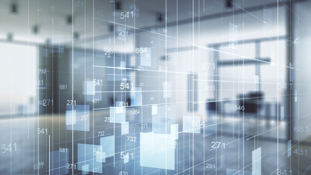 Abstrakt hologram av virtuell statistik på en modern möblerad kontorsbakgrund