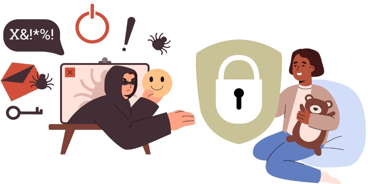 Kuvassa vertaillaan verkkopelaamisen riskejä ja turvallisuusratkaisuja.